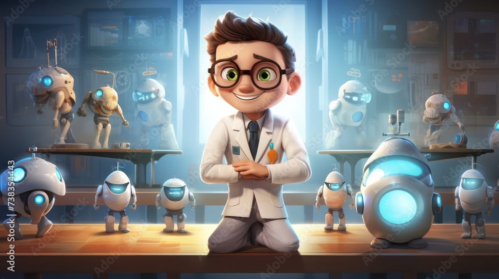 Poster illustration of a mechatronics scientist with advanced robots of the future