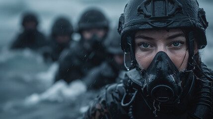 Mujer soldado de las fuerzas especiales del ejercito  - obrazy, fototapety, plakaty