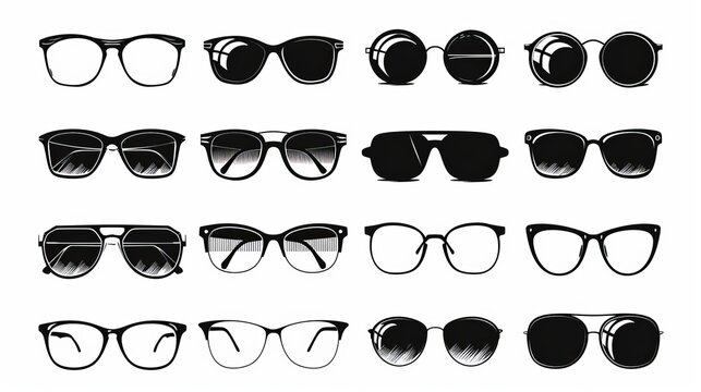 An assortment of isolated glasses. Vector icons representing different models of glasses, including sunglasses, on a white background. The illustrations depict silhouettes of various shapes