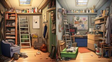 Illustration of a teenager's messy, untidy room, interior house bookshelf.