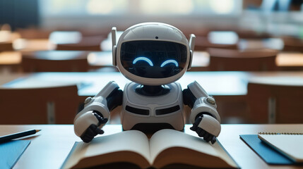 Fototapeta premium A funny friendly android robot is studying a book on a blurry background of an elementary school classroom. Harmony of technology and childhood, education