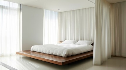 Cozy Minimalist Bedroom with Platform Bed and Privacy Curtains