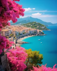 Rolgordijnen Seafront landscape with azalea flowers. French Riviera, view of stunning picturesque coastal town © Olivia