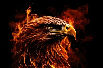  eagle face of fire  made of fire flame with red smoke behind, hot metal font in flames, on black background