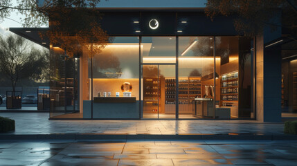 A contemporary storefront exterior with a glass entrance, logo signage, and product displays - obrazy, fototapety, plakaty