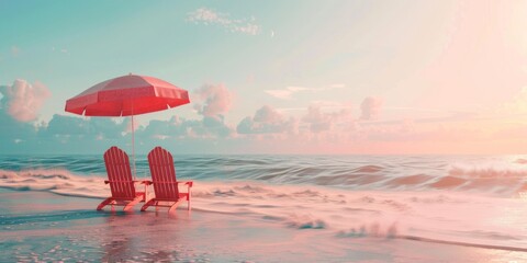 two chairs are on the beach with an umbrella Generative AI