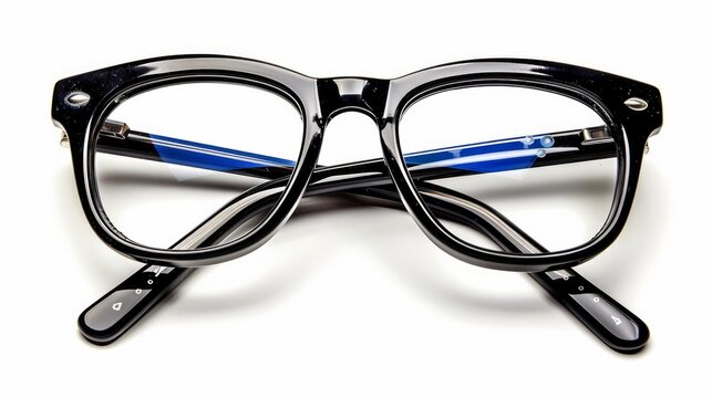 A photograph of black nerd glasses, isolated on a white background, with clipping paths for both the frames and lenses. This allows for easy insertion of your own character or design