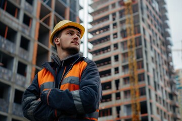 a male builder in a uniform and a helmet stands near a building under construction. Professional....