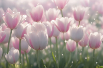 Beautiful tulip flowers background. Amazing view of pale pink tulip flowers