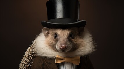 a hedgehog donning a miniature top hat, showcasing its adorable and dapper appearance in a playful and imaginative setting