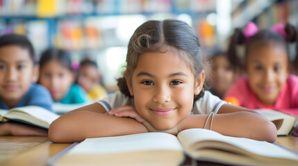 Smiling Girl Leaning on Desk with Books in Classroom with Other Children Background