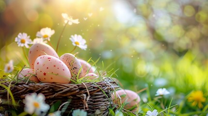 Amidst the vibrant green grass and warm spring sun, a colorful basket brimming with delicate eggs and blooming flowers evokes the joy and renewal of easter
