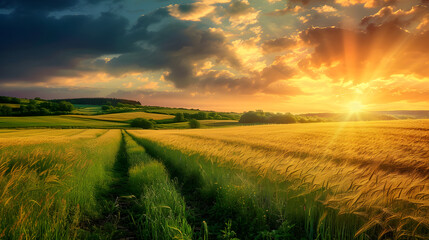 Obraz premium Golden Wheat Field with Sunrays and Cloudy Sky at Sunset Countryside Scenery