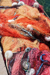 Multi-colored nylon fishing nets and floats