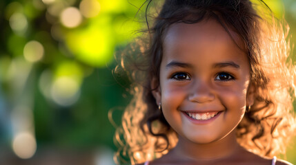 Joyful Young Girl with Curly Hair Smiling in Sunlit Garden