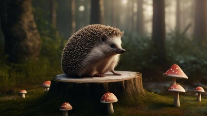 Hedgehog on a stump in the forest among fly agarics