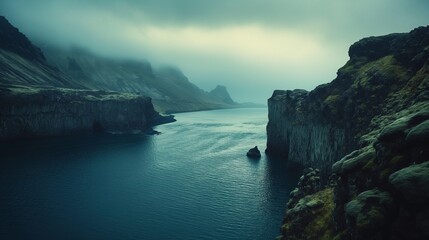 Moody Icelandic fjord with mist-shrouded cliffs and dark, reflective waters