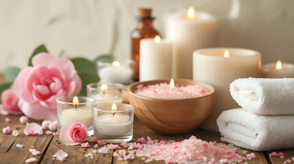 Fototapeta na wymiar Spa Beauty Salon Relaxation Concept with Candles Bath Salts and Towels