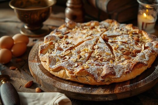 B'stilla or Bastilla, a Savory Moroccan Chicken Pie, Pastilla Pigeon Pie Topped with Almonds and Powdered Sugar