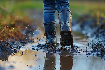 Child Feet in Dirty Puddle Close-Up, Small Rubber Boots in Mud, Mud Boosts Kids Immune System