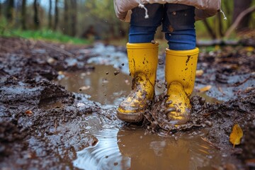 Child Feet in Dirty Puddle Close-Up, Small Rubber Boots in Mud, Mud Boosts Kids Immune System