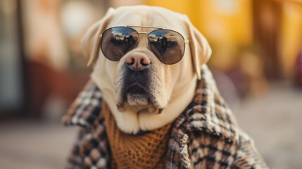 Fashionable Dog in Sunglasses and Scarf Outdoors
