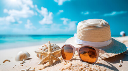 Summer Vacation Beach Scene with Hat and Sunglasses
