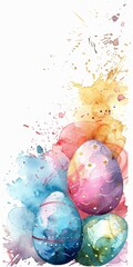 Easter themed watercolor frame border with colorful pastel eastereggs on a white background.