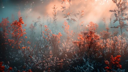 A tranquil landscape shrouded in mist, a field of wildflowers beckons to be explored amidst the serenity of nature's embrace - obrazy, fototapety, plakaty