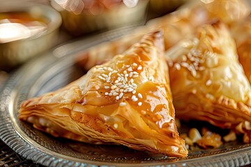 B'stilla or Bastilla, a Savory Moroccan Chicken Pie, Pastilla Pigeon Pie Topped with Almonds and Powdered Sugar - obrazy, fototapety, plakaty