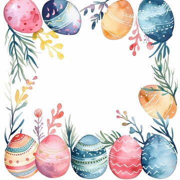 Easter themed watercolor frame border with colorful pastel eastereggs on a white background.
