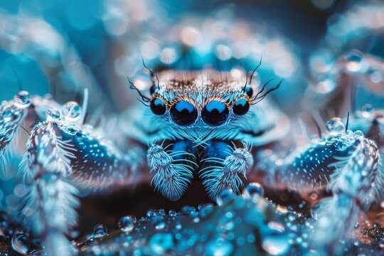 Captured in striking macro photography, a vibrant turquoise arachnid reveals the intricate beauty of this invertebrate animal organism known as a spider