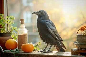 Fototapeta premium Curious crow looking comfortable with domestic ease in a rustic kitchen