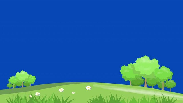 Animated nature view isolated on blue chroma key screen. Spring or summer green garden animation with daisy flowers. green fresh trees and fresh grass motion graphic design element.