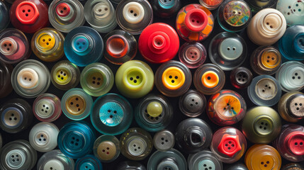 An abstract composition of colorful buttons neatly arranged in a transparent container