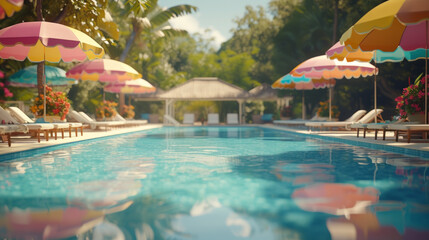 Fototapeta na wymiar A detailed view of a well-kept swimming pool surrounded by lounge chairs and colorful umbrellas