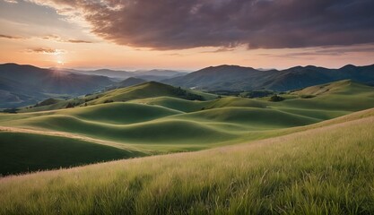 A tranquil sunset over rolling green hills with lush grass in the foreground and distant mountains under a soft sky. Generative AI.