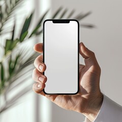 Woman hand holding an phone with a blank screen. Smartphone mockup with white background