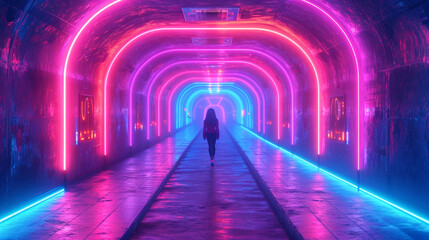 A Woman Walking in a Futuristic Subterranean Corridor Lit by Colorful Fluorescent Lights - obrazy, fototapety, plakaty