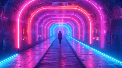 Deurstickers A Woman Walking in a Futuristic Subterranean Corridor Lit by Colorful Fluorescent Lights © Adam