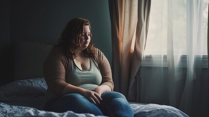 Mid aged lonely overweight woman feeling depressed and stressed sitting on the bed with sad look near a window, bullying, negative emotion and mental health concept, copy space. - obrazy, fototapety, plakaty