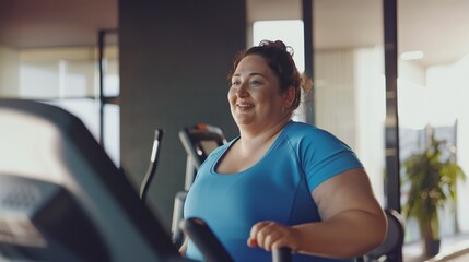 Happy confident overweight woman in blue fitness clothes on trainer treadmill in gym, close up, copy space, concept of healthy lifestyle, losing weight, work out in gym.