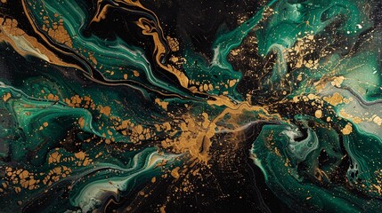 Gold green ink abstract, close-up. Shiny art dynamic green tide fluid paints. Texture of golden emerald flowing glitter.Abstract green golden color explosive swirl backgrounds. - obrazy, fototapety, plakaty