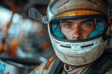 A racer in a racing suit and helmet posing next to a race car - obrazy, fototapety, plakaty