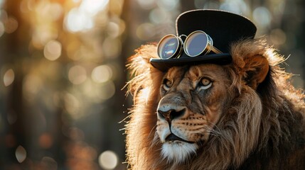 Dapper lion gentleman wearing vintage glasses and bowler hat on Autumn forest outdoor background...