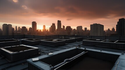 Dystopian Urban Rooftop At Sunset