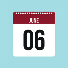 6 June calendar vector icon. Red and black June date for the days of the month and the week on a light background