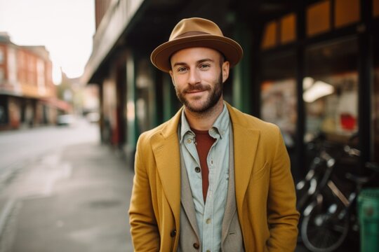 Portrait of a handsome young man in a hat and a yellow jacket.