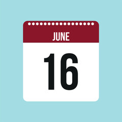 16 June calendar vector icon. Red and black June date for the days of the month and the week on a light background