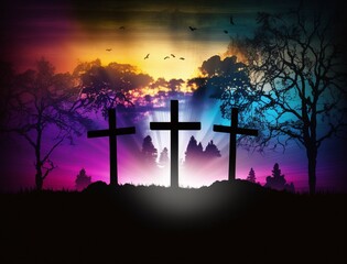 Silhouette of crosses on beautiful spring sunset. Easter theme.